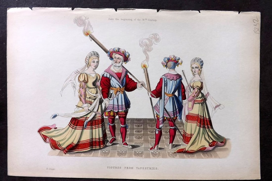 Shaw, Henry 1843 HCol Print. Figures from Tapestries. 16th Century: Antique Aquatint Published 1843 London for "Dresses and Decorations of the Middle Ages" by Henry Shaw. Fine hand colour as issued. Paper Size: 11 x 7 inch (28 x 18cm) Good Condition