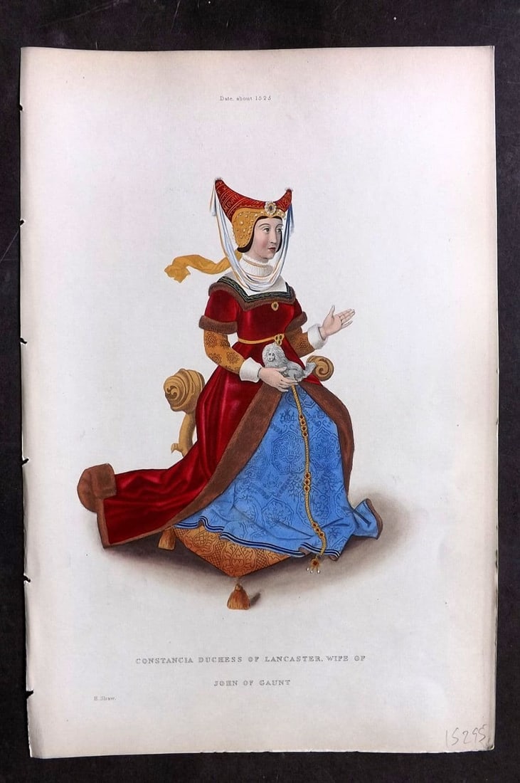 Shaw, Henry 1843 HC Constancia Duchess of Lancaster, Wife of John of Gaunt: Antique Aquatint Published 1843 London for "Dresses and Decorations of the Middle Ages" by Henry Shaw. Fine hand colour as issued. Paper Size: 11 x 7 inch (28 x 18cm) Good Condition