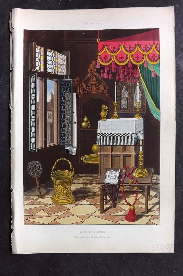Shaw, Henry 1843 HCol Print. Part of a Room by John Schoorel. C1520: Antique Aquatint Published 1843 London for "Dresses and Decorations of the Middle Ages" by Henry Shaw. Fine hand colour as issued. Paper Size: 11 x 7 inch (28 x 18cm) Good Condition