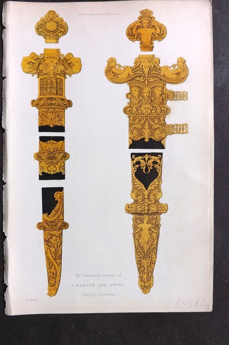 Shaw, Henry 1843 HCol Print. A Dagger and Sword designed by Holbein. 16thC: Antique Aquatint Published 1843 London for "Dresses and Decorations of the Middle Ages" by Henry Shaw. Fine hand colour as issued. Paper Size: 11 x 7 inch (28 x 18cm) Good Condition