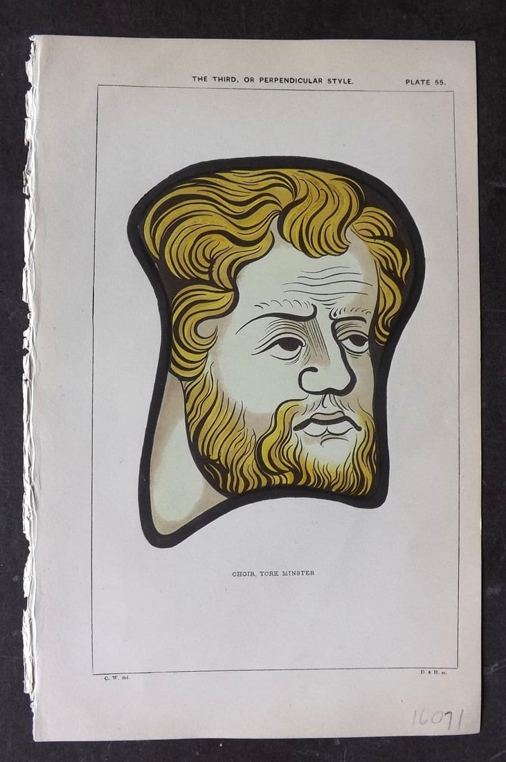 Winston, Charles 1847 Hand Col Stained Glass Print. Choir, York Minster 55: Antique Woodblock Published 1847, London for "An Inquiry Into the Difference of Style Observable in Ancient Glass Paintings, Especially in England, with Hints on Glass Painting" by Charles Winston. Fi