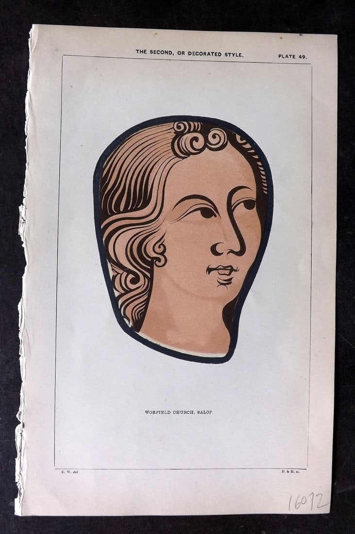Winston, Charles 1847 Hand Col Stained Glass Print. Worfield Church, Salop 49: Antique Woodblock Published 1847, London for "An Inquiry Into the Difference of Style Observable in Ancient Glass Paintings, Especially in England, with Hints on Glass Painting" by Charles Winston. Fi