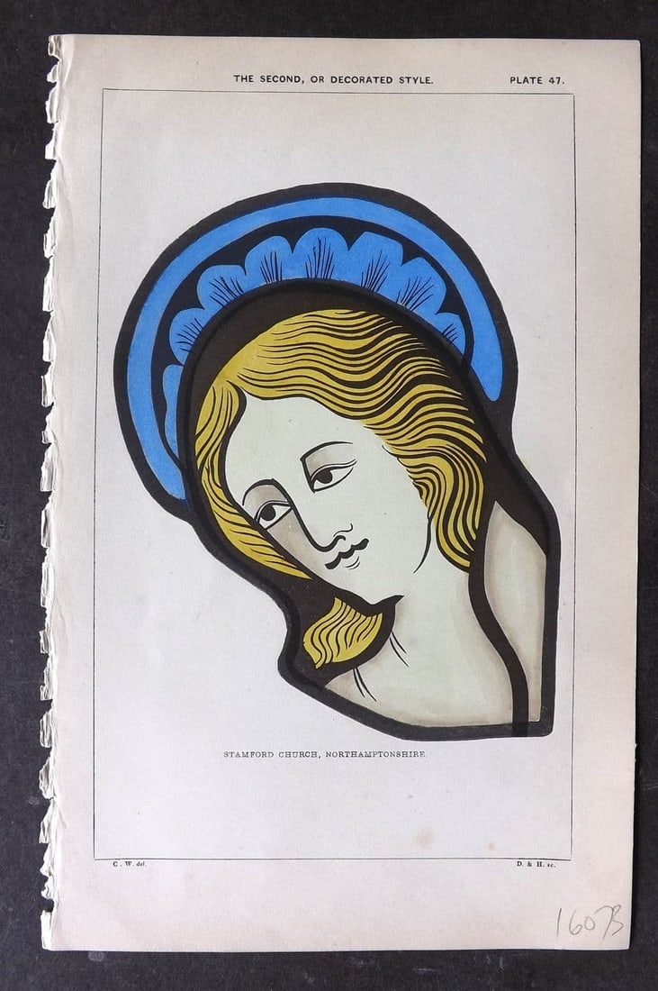 Winston, Charles 1847 Hand Col Stained Glass Print. Stamford Church, Northamptonshire 47: Antique Woodblock Published 1847, London for "An Inquiry Into the Difference of Style Observable in Ancient Glass Paintings, Especially in England, with Hints on Glass Painting" by Charles Winston. Fi