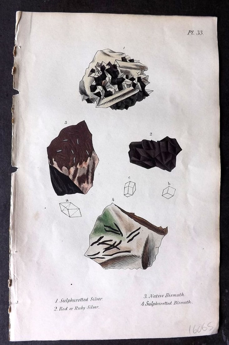 Stephenson, John 1838 HC Print. Sulphurated Silver, Red or Ruby Silver, Bismuth 33: Antique Lithograph Published 1838, London for "Medical Zoology and Mineralogy" by John Stephenson. Fine hand colour as issued. Paper Size: 9.5 x 6 inch (24 x 15cm) Good Condition