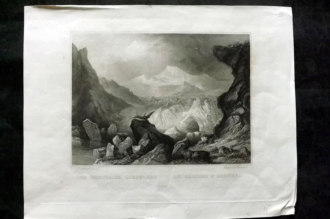 Frommel, Carl C1840 Folio Print. Gurgler Eissee Ice Lake, Tyrol Austria Italy Alps: "Der Oezthaler Gletscher" Folio Steel Engraving Published C1840, Germany. Drawn & Engraved by Carl Frommel. Paper Size: 17 x 13.5 inch (43 x 34cm) Very minor toning. Good Condition