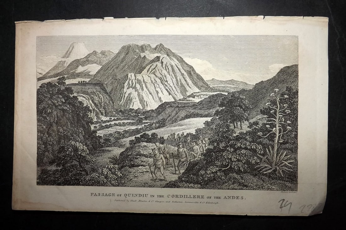 Glasgow Geography 1825 Print. Passage of Quindiu, Andes Colombia: Copper Plate Published 1825, Glasgow for "The Glasgow Geography?" by Several Literary Gentleman. Paper Size: 8.5 x 5 inch (22 x 13cm) Good Condition