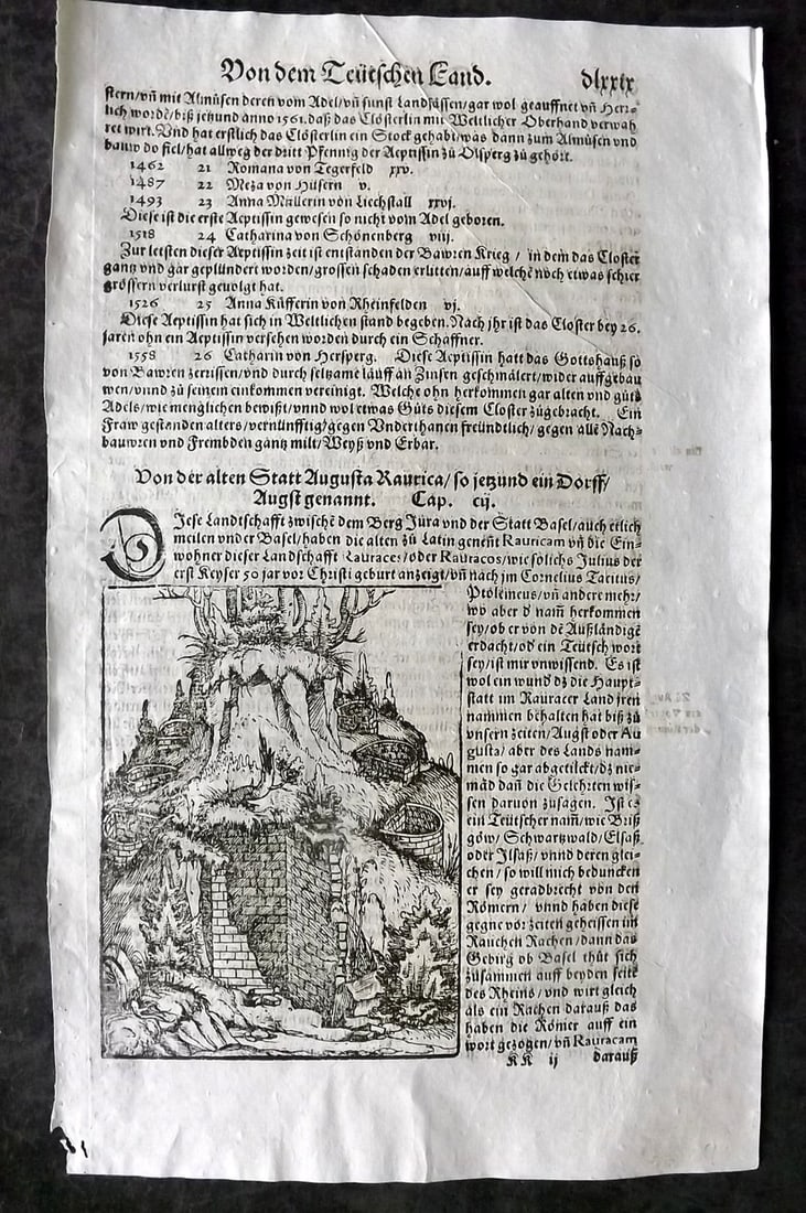 Munster, Sebastian C1570 Early Woodcut View. Augusta Raurica, Switzerland: Woodcut Published C1570, Basel for the "Cosmographia" by Sebastian Munster. Printed both sides. Paper Size: 12.5 x 8 inch (32 x 20cm) Approx. Some text show through. Good Condition