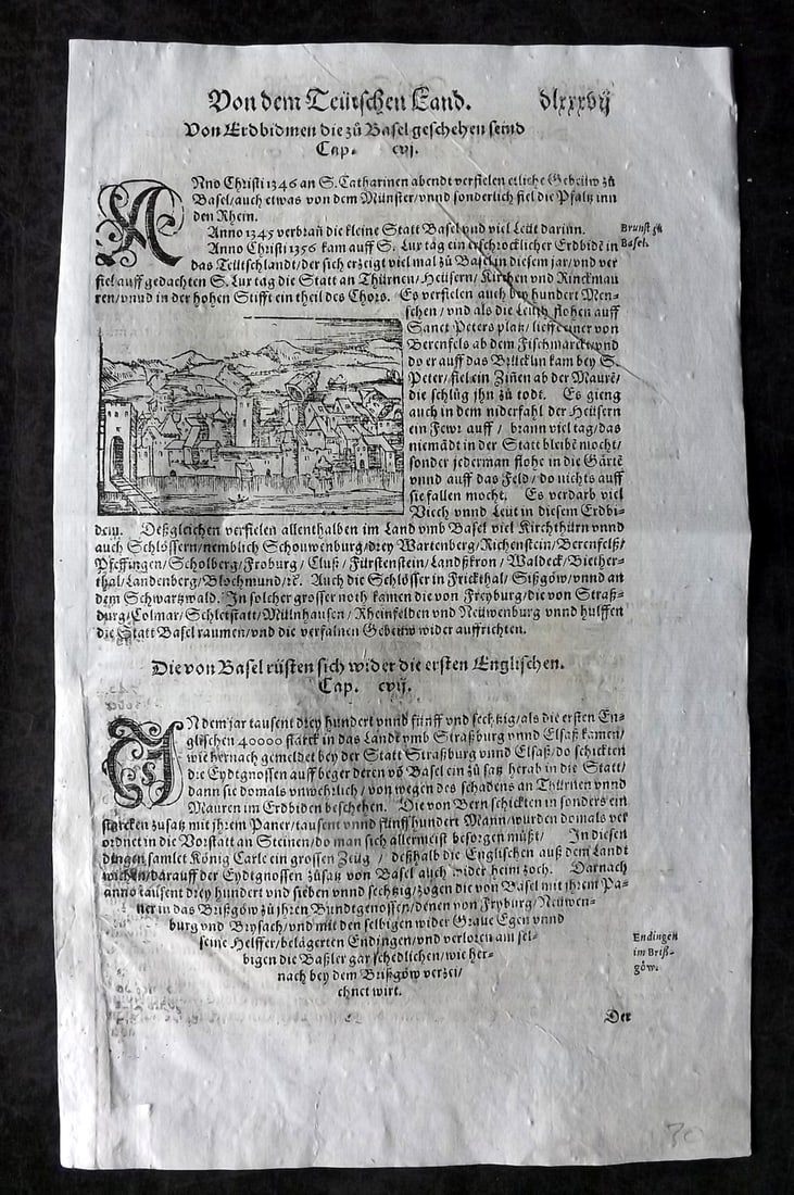 Munster, Sebastian C1570 Early Woodcut View. Basel, Switzerland: Woodcut Published C1570, Basel for the "Cosmographia" by Sebastian Munster. Printed both sides. Paper Size: 12.5 x 8 inch (32 x 20cm) Approx. Good Condition