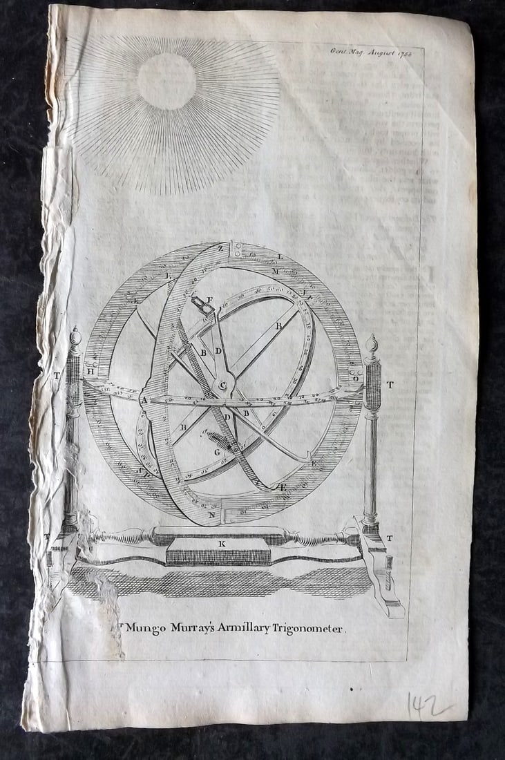 Gentleman's Mag 1755 Astronomy Print. Mungo Murray's Armillary Trigonometer Sphere (1 of 1)