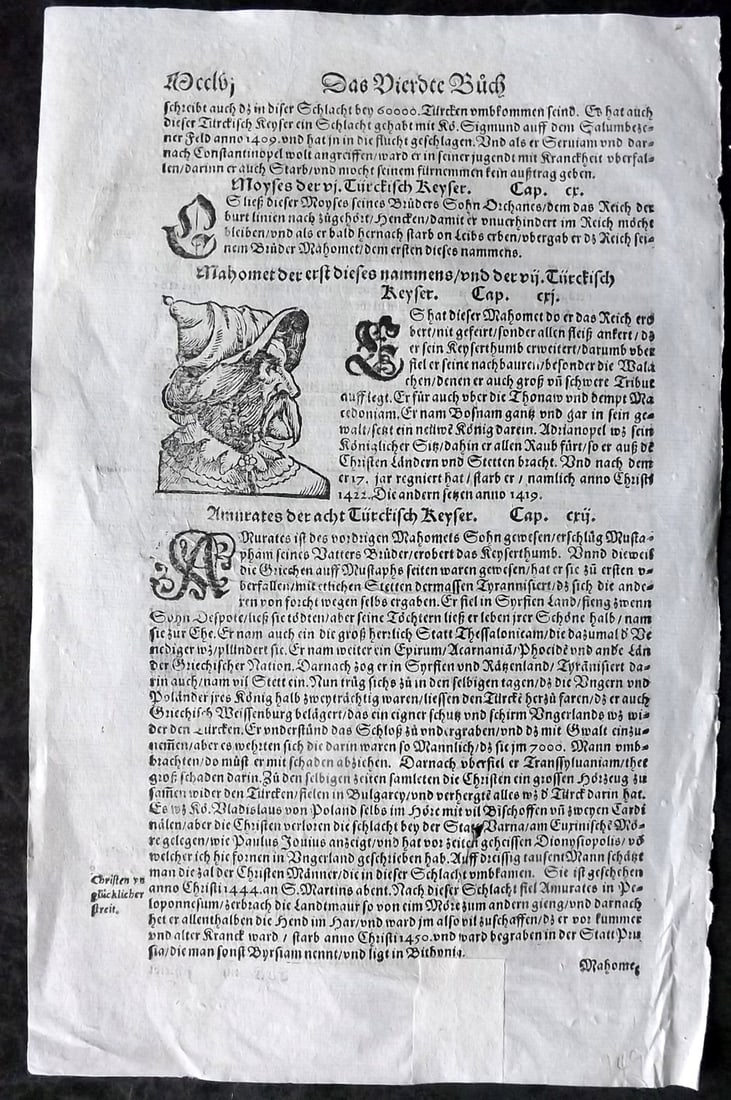 Munster, Sebastian C1570 Early Woodcut. Portraits of Turkish Men. Turkey: Woodcut Published C1570, Basel for the "Cosmographia" by Sebastian Munster. Printed both sides. Paper Size: 12.5 x 8 inch (32 x 20cm) Approx. Good Condition