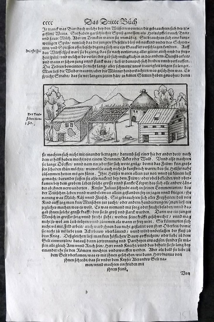 Munster, Sebastian C1570 Early Woodcut. Medieval Village Scene: Woodcut Published C1570, Basel for the "Cosmographia" by Sebastian Munster. Printed both sides. Paper Size: 12.5 x 8 inch (32 x 20cm) Approx. Good Condition