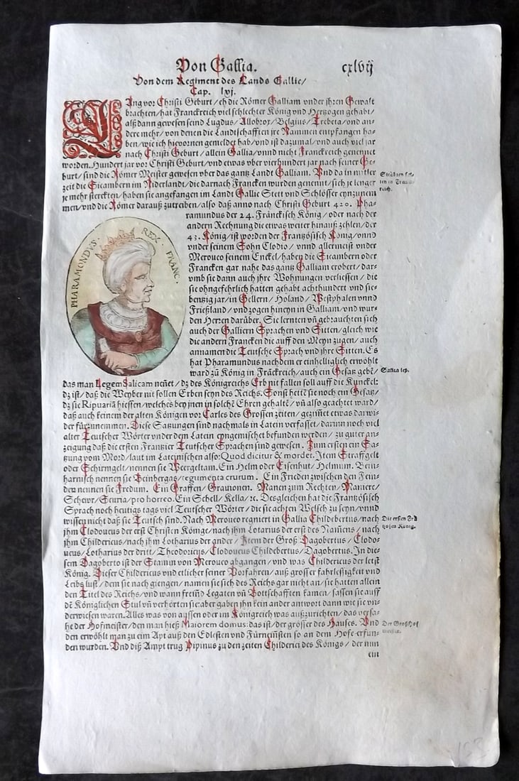 Munster, Sebastian 1588 Early Hand Col Woodcut. Portrait of Pharamond, King of the Franks: Contemporary Hand Colored Woodcut Published 1588, Basel for the "Cosmographia" by Sebastian Munster. Printed both sides. Paper Size: 13.5 x 8 inch (34 x 20cm) Approx. Good Condition