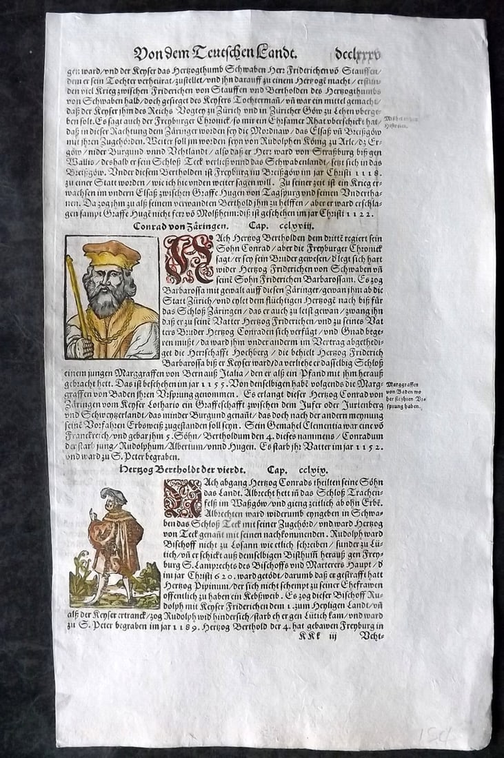 Munster, Sebastian 1588 Early Hand Col Woodcut. Conrad I & Berthold V, Dukes of Zahringen: Contemporary Hand Colored Woodcut Published 1588, Basel for the "Cosmographia" by Sebastian Munster. Printed both sides. Paper Size: 13.5 x 8 inch (34 x 20cm) Approx. Good Condition