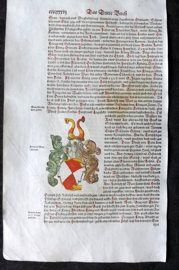 Munster, Sebastian 1588 Early Hand Col Woodcut. Coat of Arms & Portrait: Contemporary Hand Colored Woodcut Published 1588, Basel for the "Cosmographia" by Sebastian Munster. Printed both sides. Paper Size: 13.5 x 8 inch (34 x 20cm) Approx. Good Condition