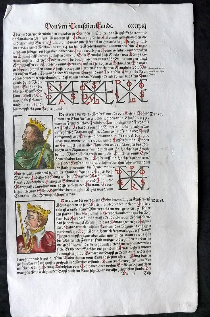 Munster, Sebastian 1588 Early Hand Col Woodcut. Holy Roman Emperors Lothair & Henry (1 of 2)