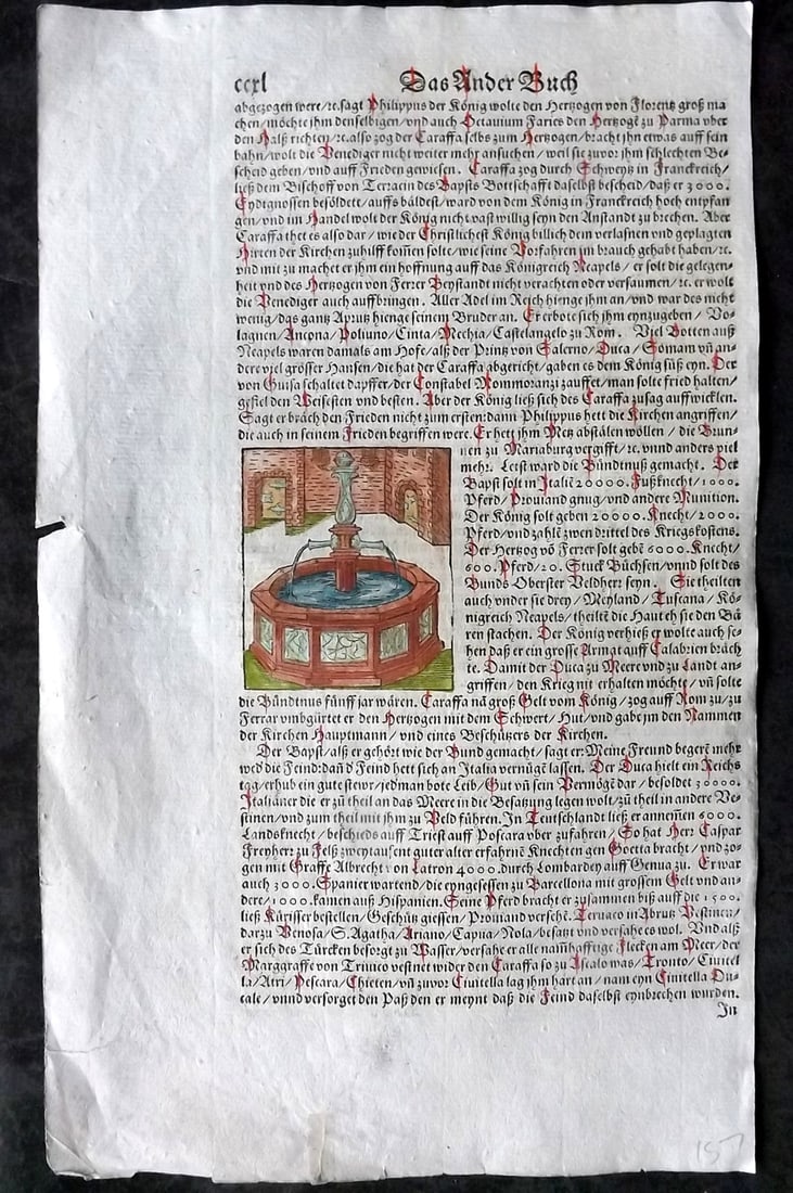 Munster, Sebastian 1588 Early Hand Col Woodcut. Fountain: Contemporary Hand Colored Woodcut Published 1588, Basel for the "Cosmographia" by Sebastian Munster. Printed both sides. Paper Size: 13.5 x 8 inch (34 x 20cm) Approx. Good Condition