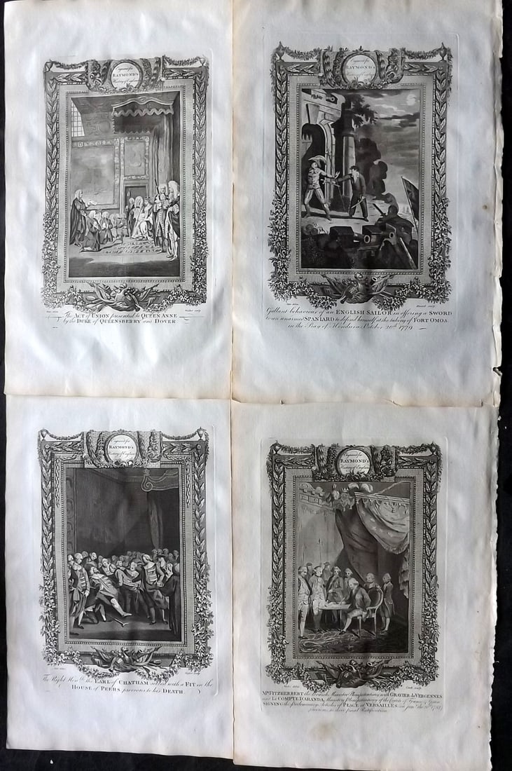 Raymond, George 1787 Lot of 4 Folio Historical Prints: Folio Copper Plate Published 1787, London for "A New, Universal and Impartial History of England" also titled "Raymond's History of England" by George Frederick Raymond. Paper Size: 14 x 9 inch (36 x 
