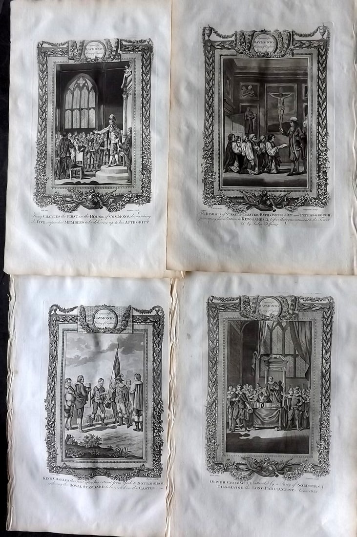 Raymond, George 1787 Lot of 4 Folio Historical Prints: Folio Copper Plate Published 1787, London for "A New, Universal and Impartial History of England" also titled "Raymond's History of England" by George Frederick Raymond. Paper Size: 14 x 9 inch (36 x 