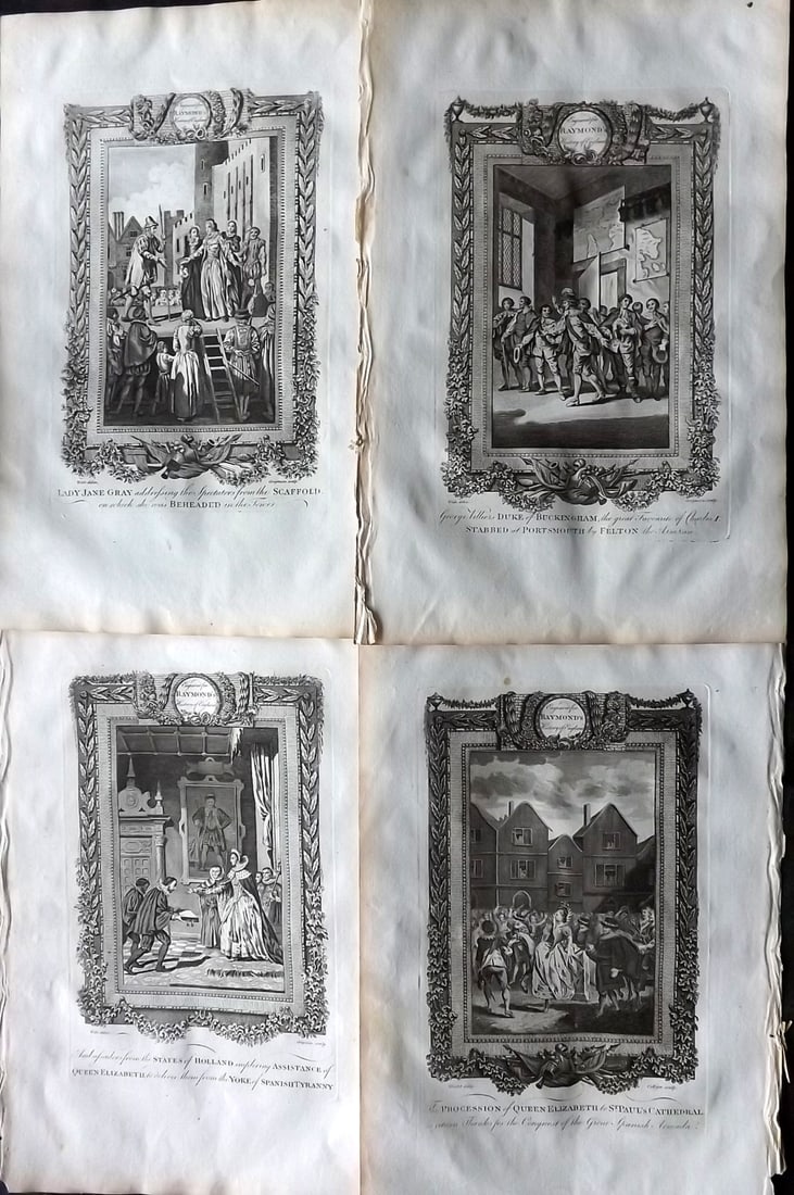 Raymond, George 1787 Lot of 4 Folio Historical Prints: Folio Copper Plate Published 1787, London for "A New, Universal and Impartial History of England" also titled "Raymond's History of England" by George Frederick Raymond. Paper Size: 14 x 9 inch (36 x 