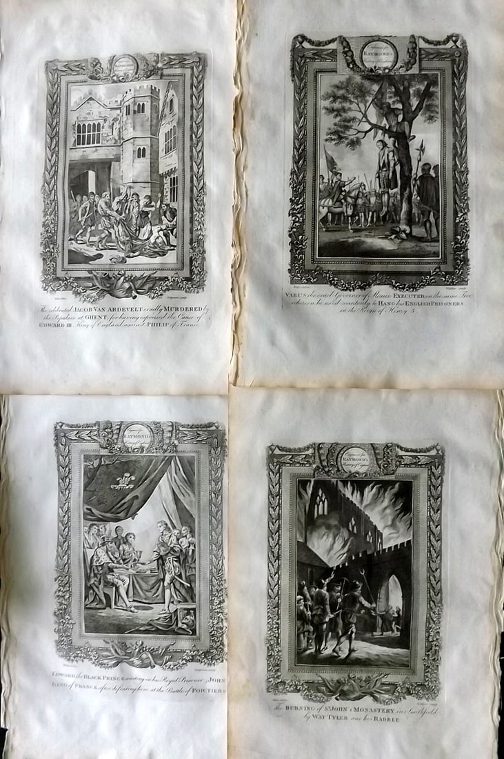 Raymond, George 1787 Lot of 4 Folio Historical Prints: Folio Copper Plate Published 1787, London for "A New, Universal and Impartial History of England" also titled "Raymond's History of England" by George Frederick Raymond. Paper Size: 14 x 9 inch (36 x 