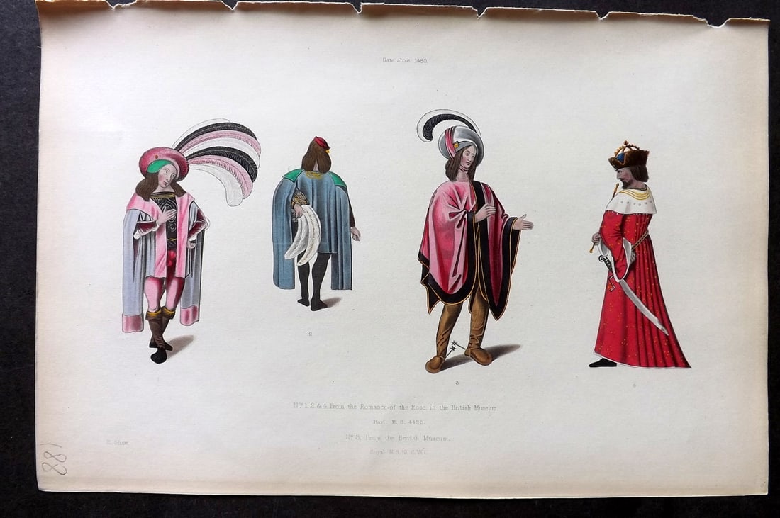 Shaw, Henry 1843 Hand Col Print. From the Romance of the Rose about 1480: Hand Colored Aquatint Published 1843 London for "Dresses and Decorations of the Middle Ages" by Henry Shaw. Paper Size: 11 x 7 inch (28 x 18cm) Good Condition
