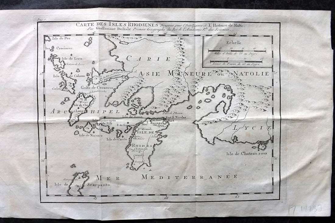 Psalmanazar & Sale C1770 Map. Carte des Isles Rhodienes. Rhodes, Greece, Turkey (1 of 2)