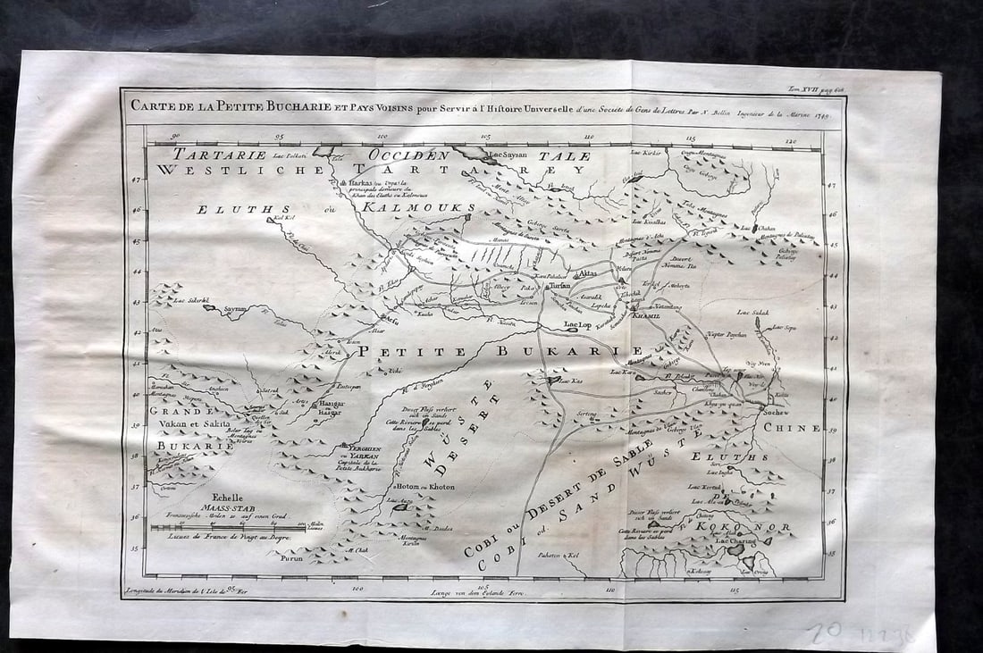 Psalmanazar & Sale C1770 Map Petite Bucharie et pays Voisins Uzbekistan C. Asia: Antique Copper Plate Published 1747-82 Amsterdam and Leipzig for "Histoire Universelle, depuis le commencement du monde" 4to Edition by George Sale, George Psalmanazar, Thomas Salmon et al. Folds as i