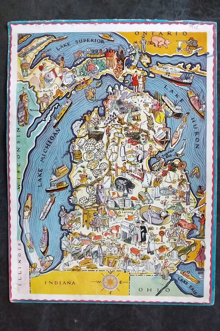 Hader, Berter & Elmer 1932 United States Pictorial Map. Michigan: Offset Lithograph Published 1932, New York for "Berta and Elmer Hader's Picture Book of the States" by Berta Hader; Elmer Hader and Angelo Patri. Text to the reverse that relates to a different State,