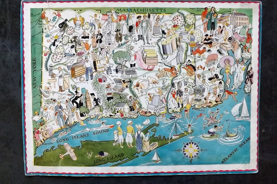 Hader, Berter & Elmer 1932 United States Pictorial Map. Connecticut & Rhode Island (1 of 1)