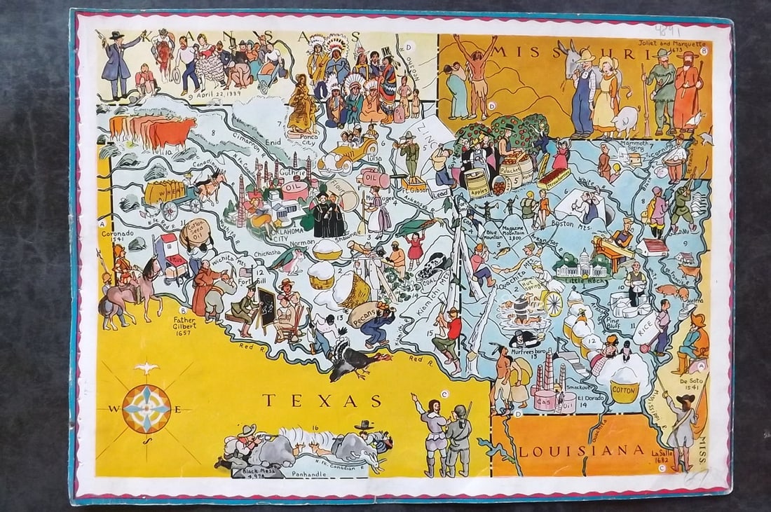 Hader, Berter & Elmer 1932 United States Pictorial Map. Arkansas & Oklahoma: Offset Lithograph Published 1932, New York for "Berta and Elmer Hader's Picture Book of the States" by Berta Hader; Elmer Hader and Angelo Patri. Text to the reverse that relates to a different State,