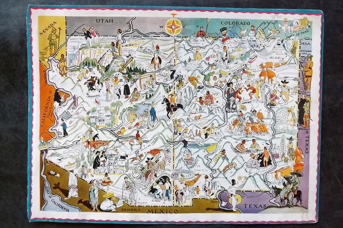 Hader, Berter & Elmer 1932 United States Pictorial Map. Arizona & New Mexico: Offset Lithograph Published 1932, New York for "Berta and Elmer Hader's Picture Book of the States" by Berta Hader; Elmer Hader and Angelo Patri. Text to the reverse that relates to a different State,
