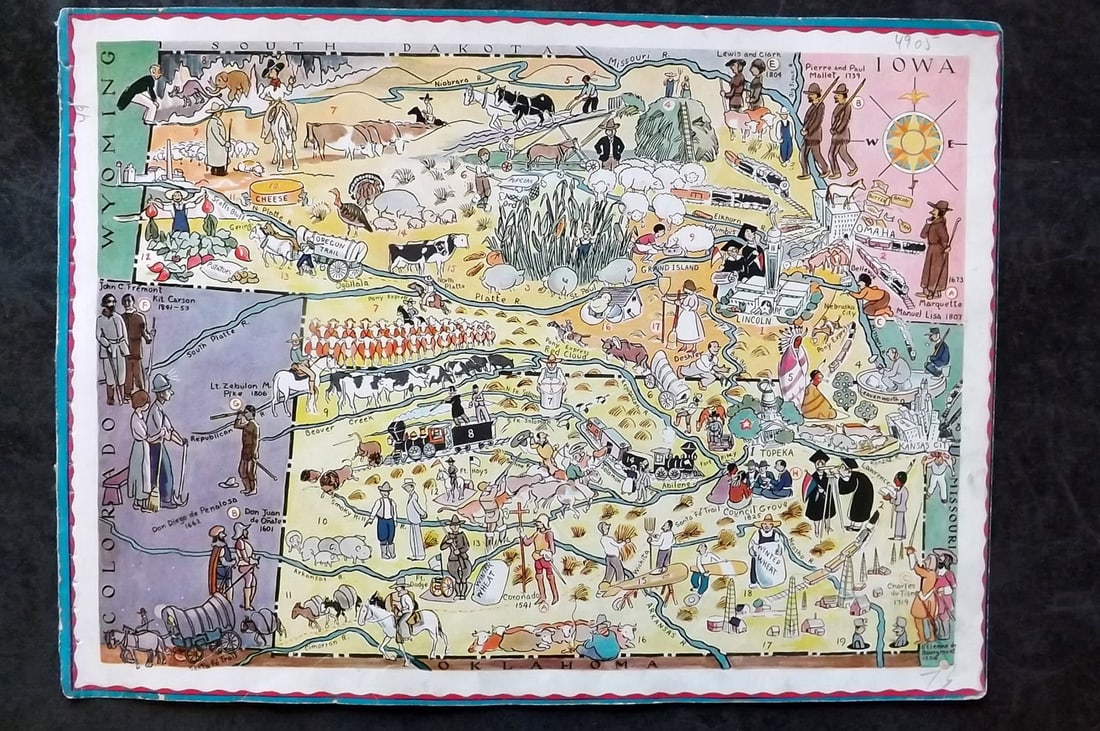 Hader, Berter & Elmer 1932 United States Pictorial Map. Kansas & Nebraska: Offset Lithograph Published 1932, New York for "Berta and Elmer Hader's Picture Book of the States" by Berta Hader; Elmer Hader and Angelo Patri. Text to the reverse that relates to a different State,