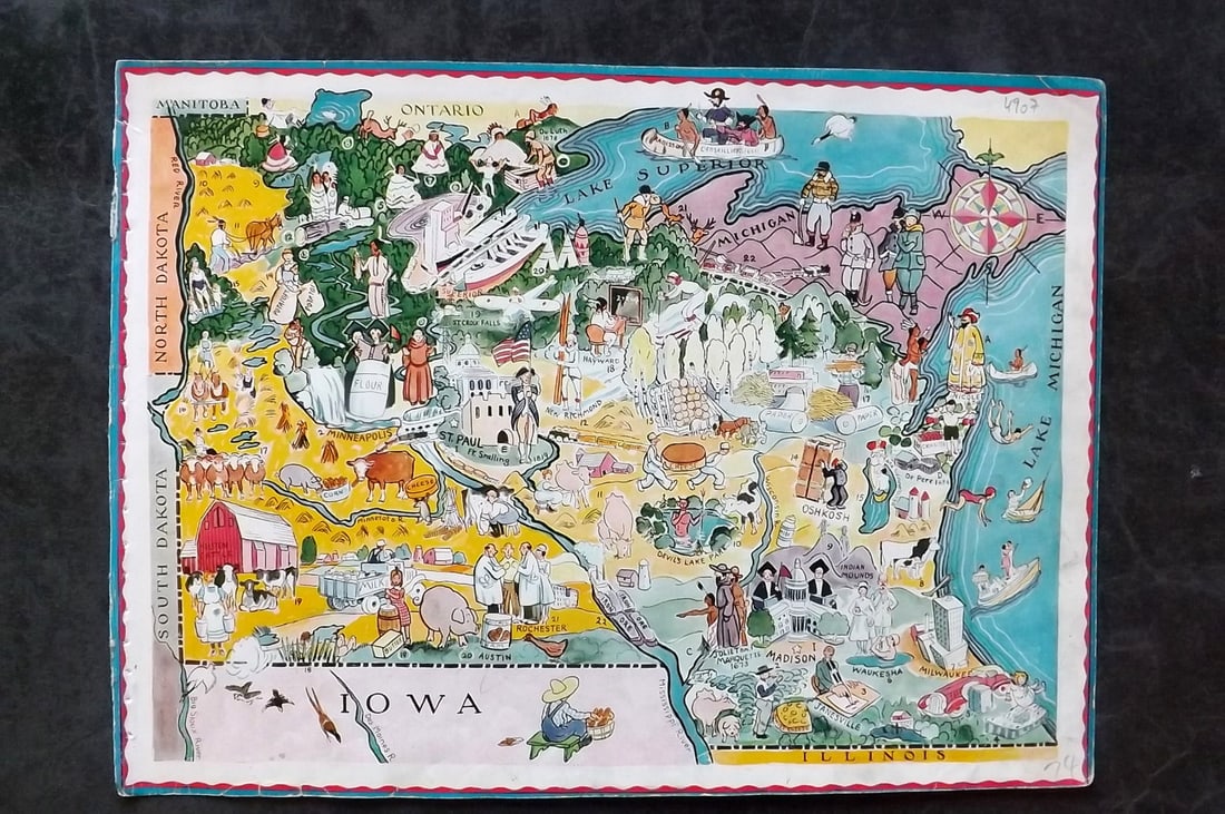 Hader, Berter & Elmer 1932 United States Pictorial Map. Minnesota & Wisconsin: Offset Lithograph Published 1932, New York for "Berta and Elmer Hader's Picture Book of the States" by Berta Hader; Elmer Hader and Angelo Patri. Text to the reverse that relates to a different State,