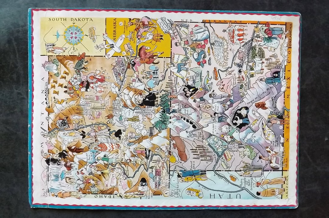 Hader, Berter & Elmer 1932 United States Pictorial Map. Colorado & Wyoming: Offset Lithograph Published 1932, New York for "Berta and Elmer Hader's Picture Book of the States" by Berta Hader; Elmer Hader and Angelo Patri. Text to the reverse that relates to a different State,