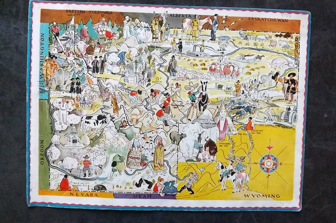Hader, Berter & Elmer 1932 United States Pictorial Map. Idaho & Montana: Offset Lithograph Published 1932, New York for "Berta and Elmer Hader's Picture Book of the States" by Berta Hader; Elmer Hader and Angelo Patri. Text to the reverse that relates to a different State,