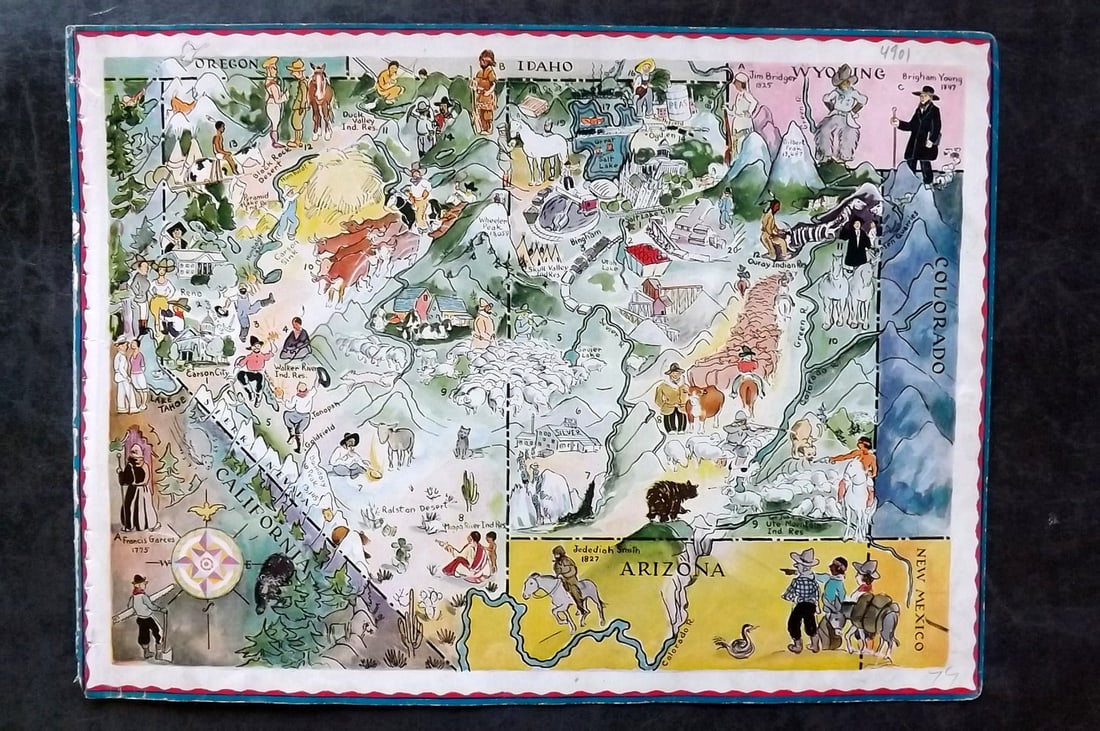 Hader, Berter & Elmer 1932 United States Pictorial Map. Nevada & Utah: Offset Lithograph Published 1932, New York for "Berta and Elmer Hader's Picture Book of the States" by Berta Hader; Elmer Hader and Angelo Patri. Text to the reverse that relates to a different State,
