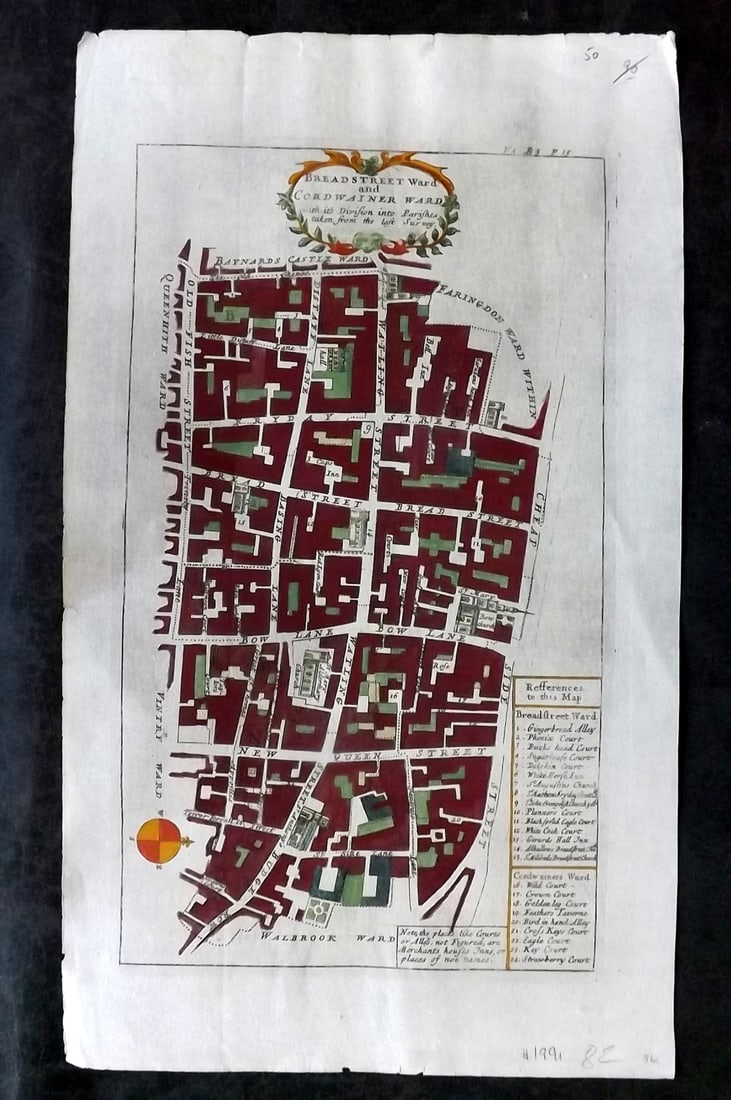 Stow, John 1720 Hand Col London Map. Breadsreet & Cordwainer Ward (1 of 2)