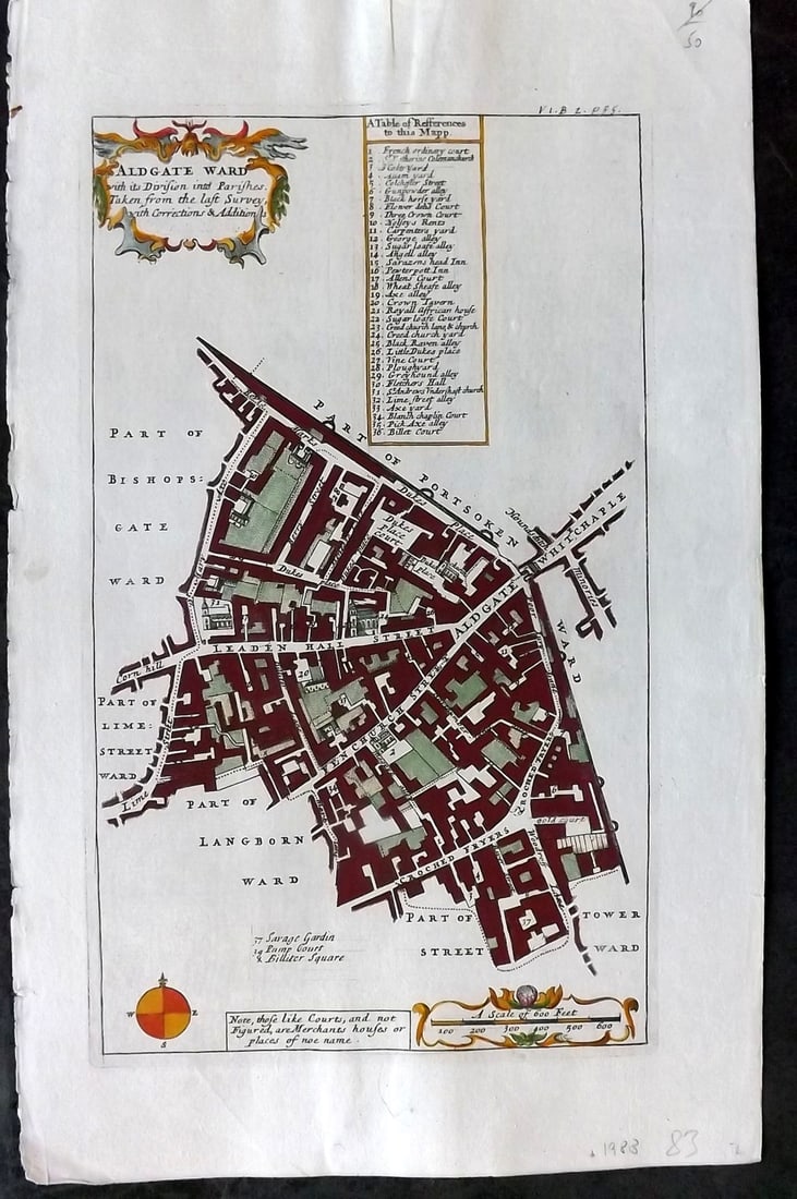 Stow, John 1720 Hand Col London Map. Aldgate Ward (1 of 2)