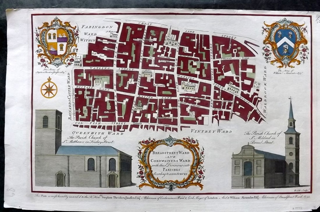 Stow, John 1720 Hand Col London Map. Breadsreet & Cordwainer Ward with the Church of St. Matthews (1 of 2)