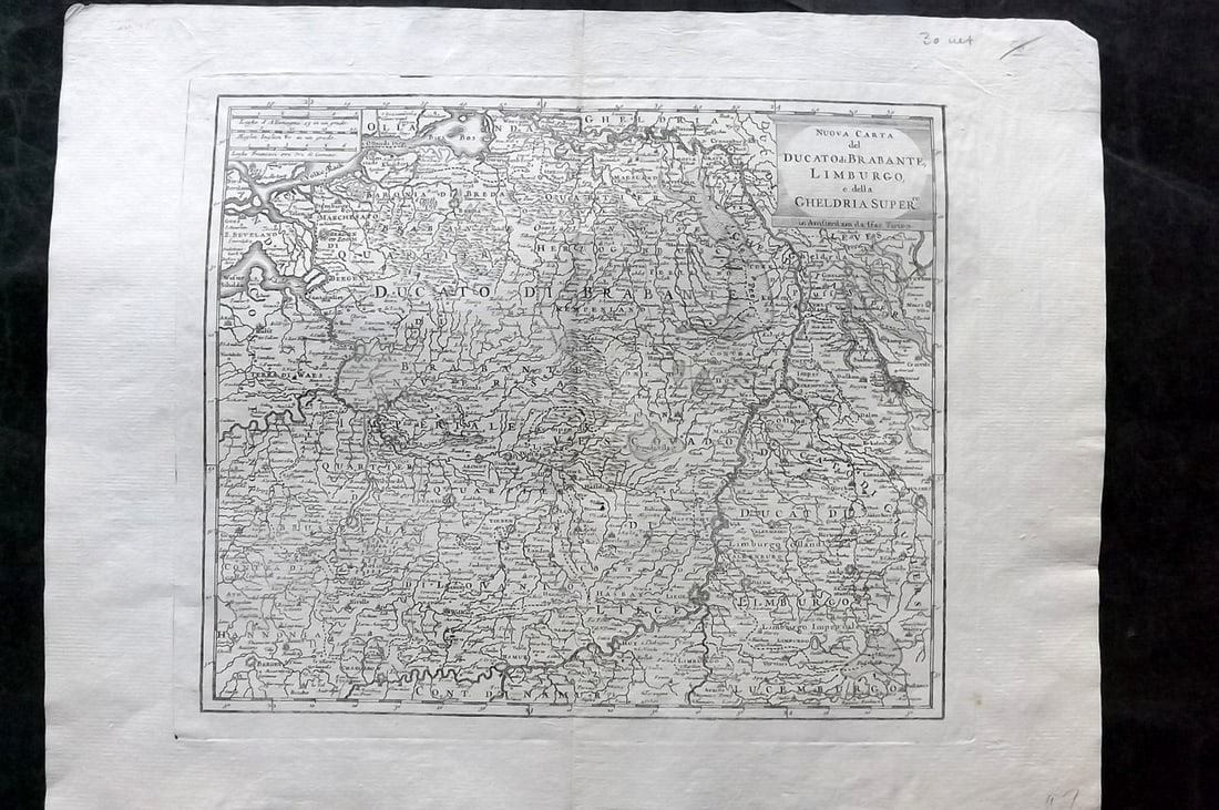 Tirion, Isaak C1740 Antique Map. Brabant. Belgium Netherlands: "Nuova Carta del Ducato di Brabante, Limburgo e della Gheldria Super.re" Copper Engraved Map Published C1740, Amsterdam. Map by Isaak Tirion. Centre fold as issued. Paper Size: 18.5 x 14.5 inch (47 x 
