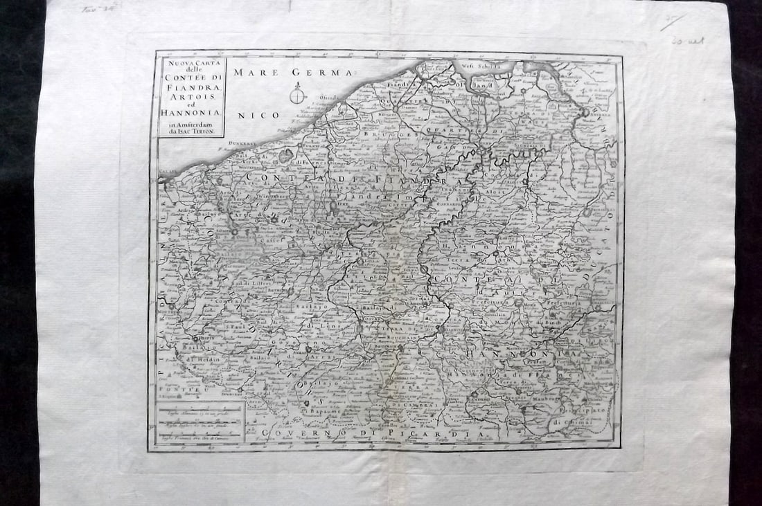 Tirion, Isaak C1740 Antique Map. Flanders, Belgium: "Nuova Carta delle Contee di Fiandra, Artois ed Hannonia" Copper Engraved Map Published C1740, Amsterdam. Map by Isaak Tirion. Centre fold as issued. Paper Size: 18.5 x 14.5 inch (47 x 37cm) Good Cond