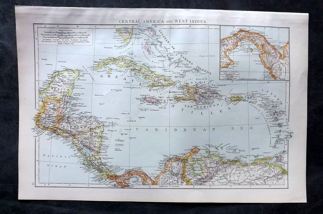Times Atlas 1895 Antique Map. Central America and the West Indies: Antique Lithograph Map Published 1895, London for "The Times Atlas" Paper Size: 15.5 x 10.5 inch (39 x 27cm) Good Condition