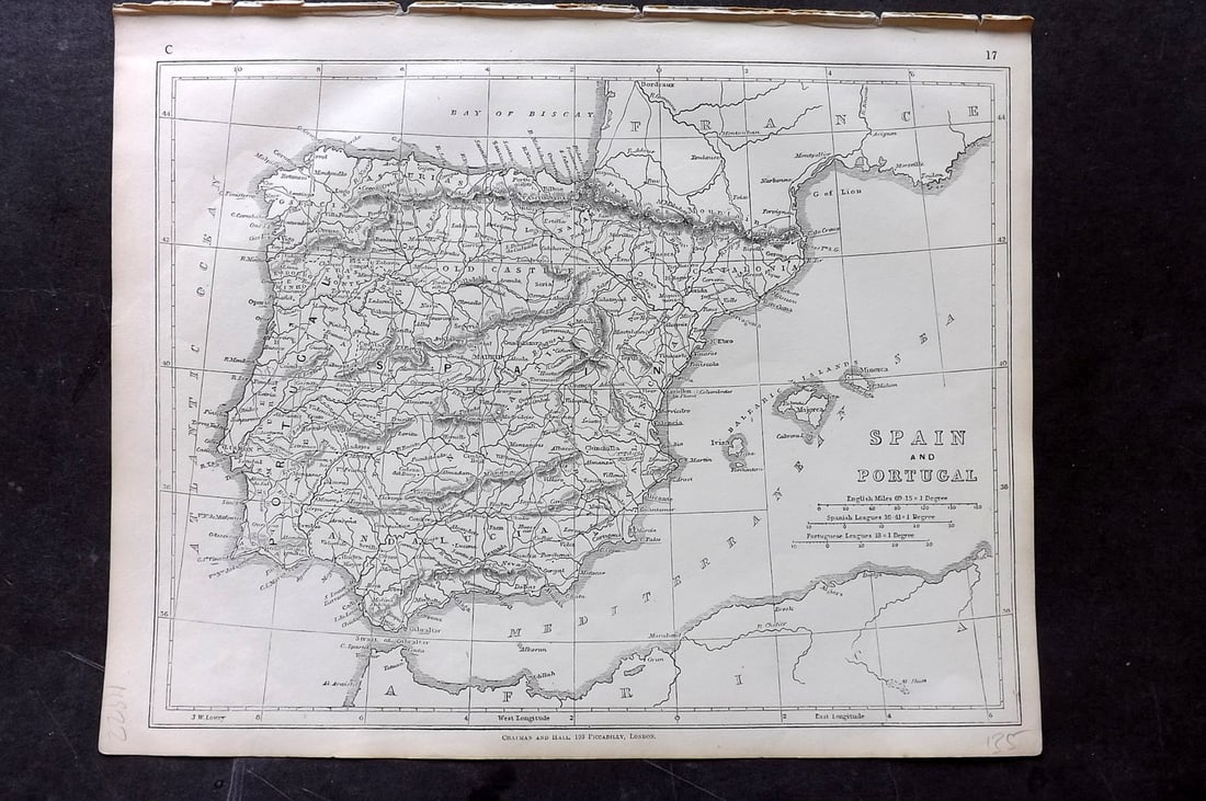 Lowry, Joseph 1852 Antique Map. Spain and Portugal: Engraved Map Published 1852 for "Lowry's Table Atlas" by Joseph William Lowry. Paper Size: 12 x 9.5 inch (30.5 x 24cm) Good Condition
