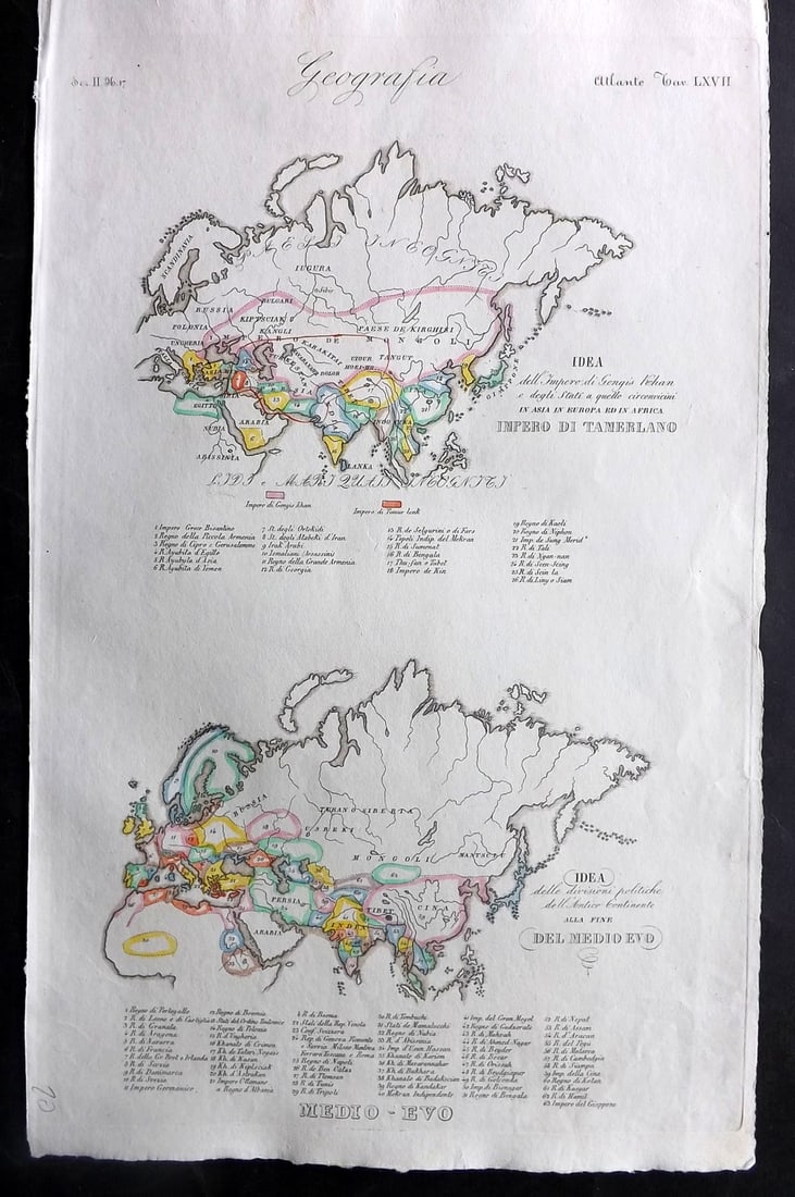 Marmocchi, F. C. 1845 Hand Col Map. Timur Empire & Medieval World: Folio Hand Colored Etching/Engraving Published 1845, Florence for "Atlante di Geografia-Storica Universale" by Francesco C. Marmocchi. Paper Size: 17 x 11 inch (43 x 28cm) Good Condition