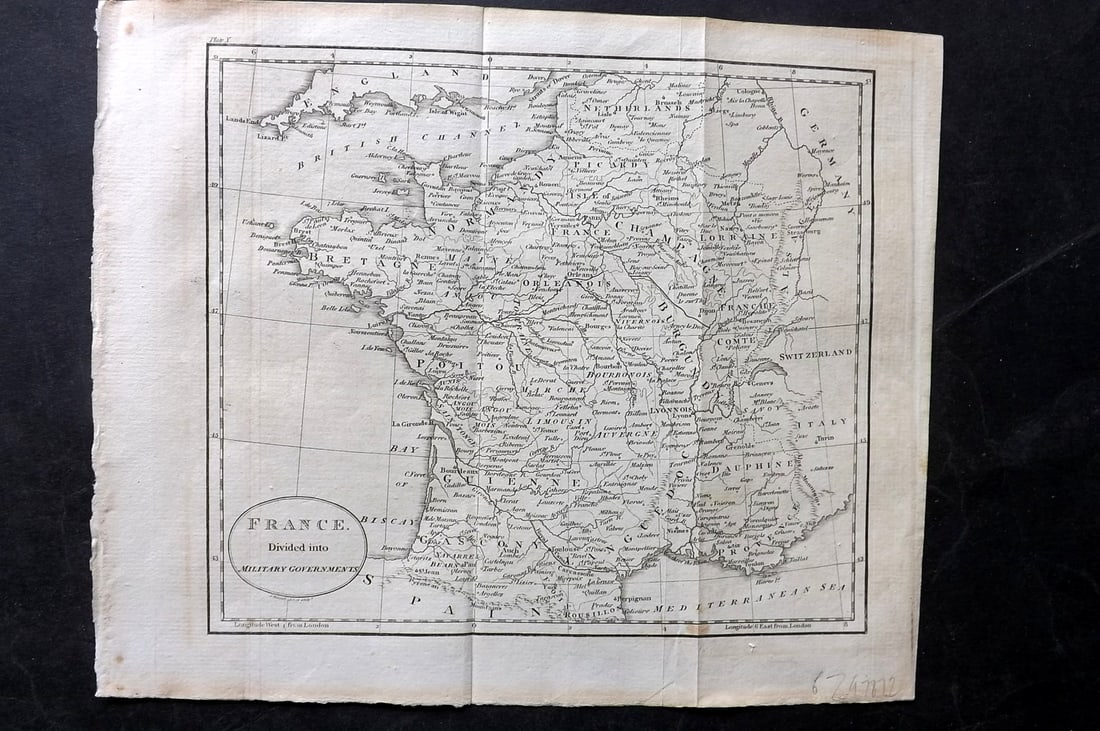 Guthrie, William 1812 Antique Map. France: Copper Engraved Map Published 1812, London for "A New Geographical, Historical and Commercial Grammar..." by William Guthrie. The maps are by John Senex, Thomas Kitchin and others. Folds as issued. Pa