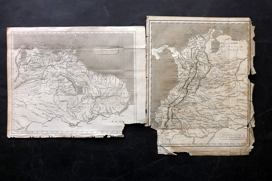 Pinkerton, John 1811 Pair of Maps. Caracas Guiana & New Ganada: Copper Engraved Map Published 1811, London for "Modern Geography. A Description of the Empires, Kingdoms, States and Colonies..." by John Pinkerton. Paper Size: 11 x 8.5 inch (28 x 21cm) Folds as boun