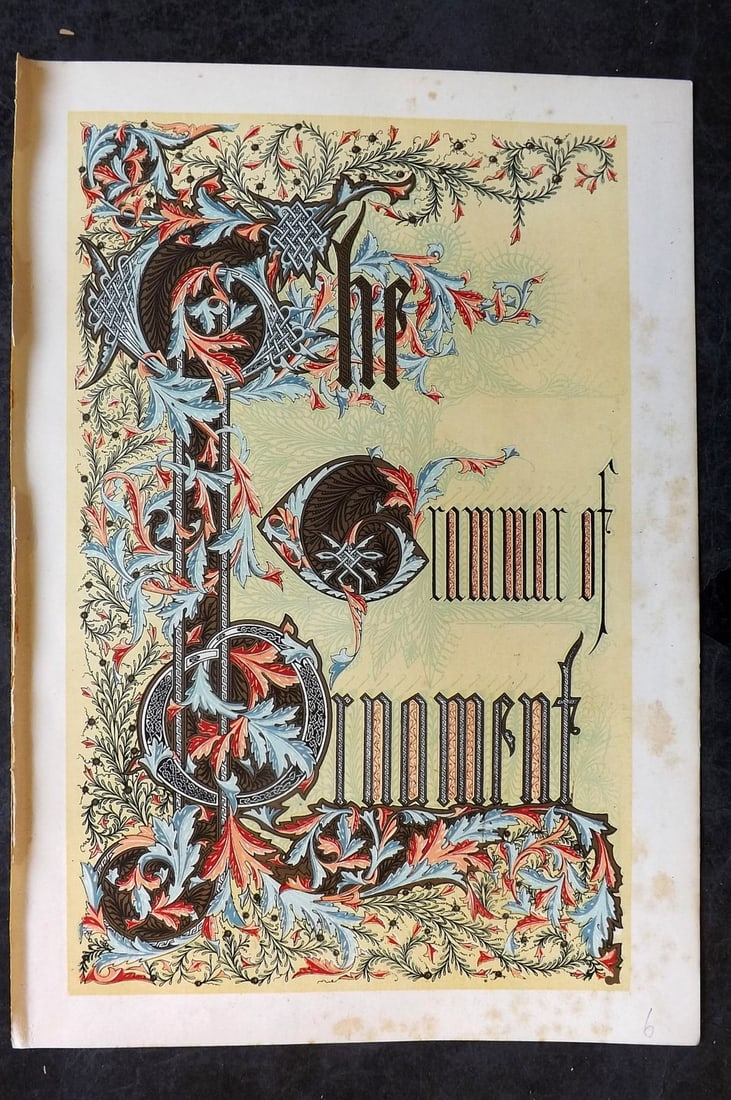 Jones, Owen 1910 Folio Print. The Grammar of Ornament Illus. Title Page: Chromolithograph Published 1910 by Bernard Quaritch, London for "The Grammar of Ornament" by Owen Jones. Paper Size: 13 x 9 inch (33 x 23cm) Very minor margin toning. Good Condition