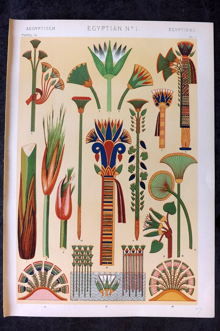 Jones, Owen 1910 Folio Architectural Design Print. Egypt 01: Chromolithograph Published 1910 by Bernard Quaritch, London for "The Grammar of Ornament" by Owen Jones. Paper Size: 13 x 9 inch (33 x 23cm) Good Condition
