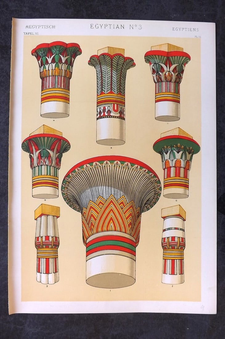 Jones, Owen 1910 Folio Architectural Design Print. Egypt 03: Chromolithograph Published 1910 by Bernard Quaritch, London for "The Grammar of Ornament" by Owen Jones. Paper Size: 13 x 9 inch (33 x 23cm) Good Condition