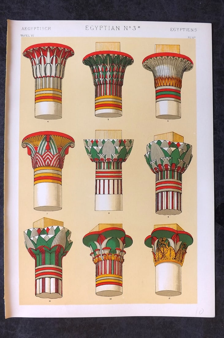 Jones, Owen 1910 Folio Architectural Design Print. Egypt 03*: Chromolithograph Published 1910 by Bernard Quaritch, London for "The Grammar of Ornament" by Owen Jones. Paper Size: 13 x 9 inch (33 x 23cm) Good Condition